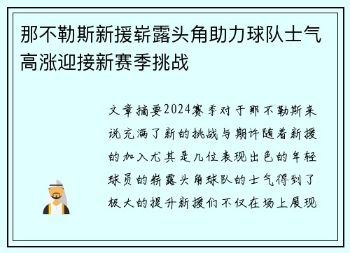 那不勒斯新援崭露头角助力球队士气高涨迎接新赛季挑战
