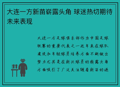 大连一方新苗崭露头角 球迷热切期待未来表现
