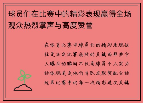 球员们在比赛中的精彩表现赢得全场观众热烈掌声与高度赞誉