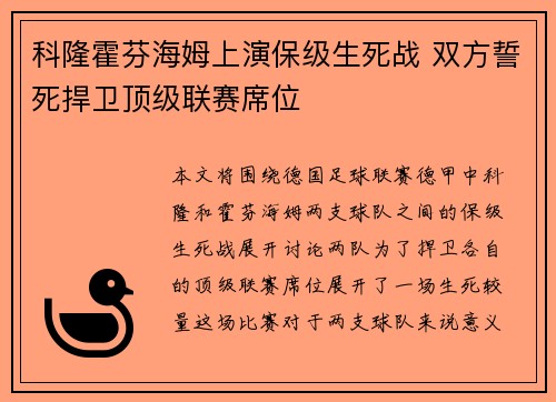 科隆霍芬海姆上演保级生死战 双方誓死捍卫顶级联赛席位