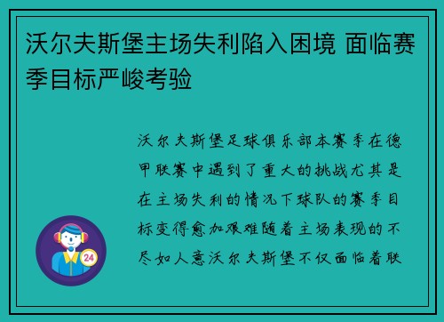 沃尔夫斯堡主场失利陷入困境 面临赛季目标严峻考验