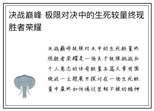 决战巅峰 极限对决中的生死较量终现胜者荣耀