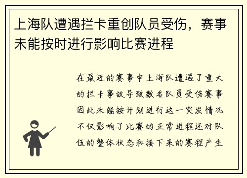 上海队遭遇拦卡重创队员受伤，赛事未能按时进行影响比赛进程