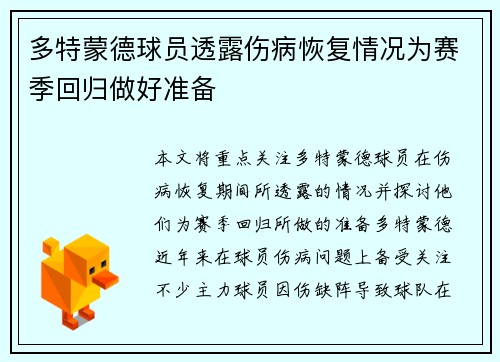 多特蒙德球员透露伤病恢复情况为赛季回归做好准备