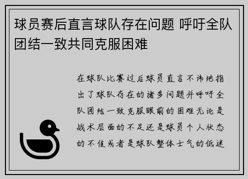 球员赛后直言球队存在问题 呼吁全队团结一致共同克服困难